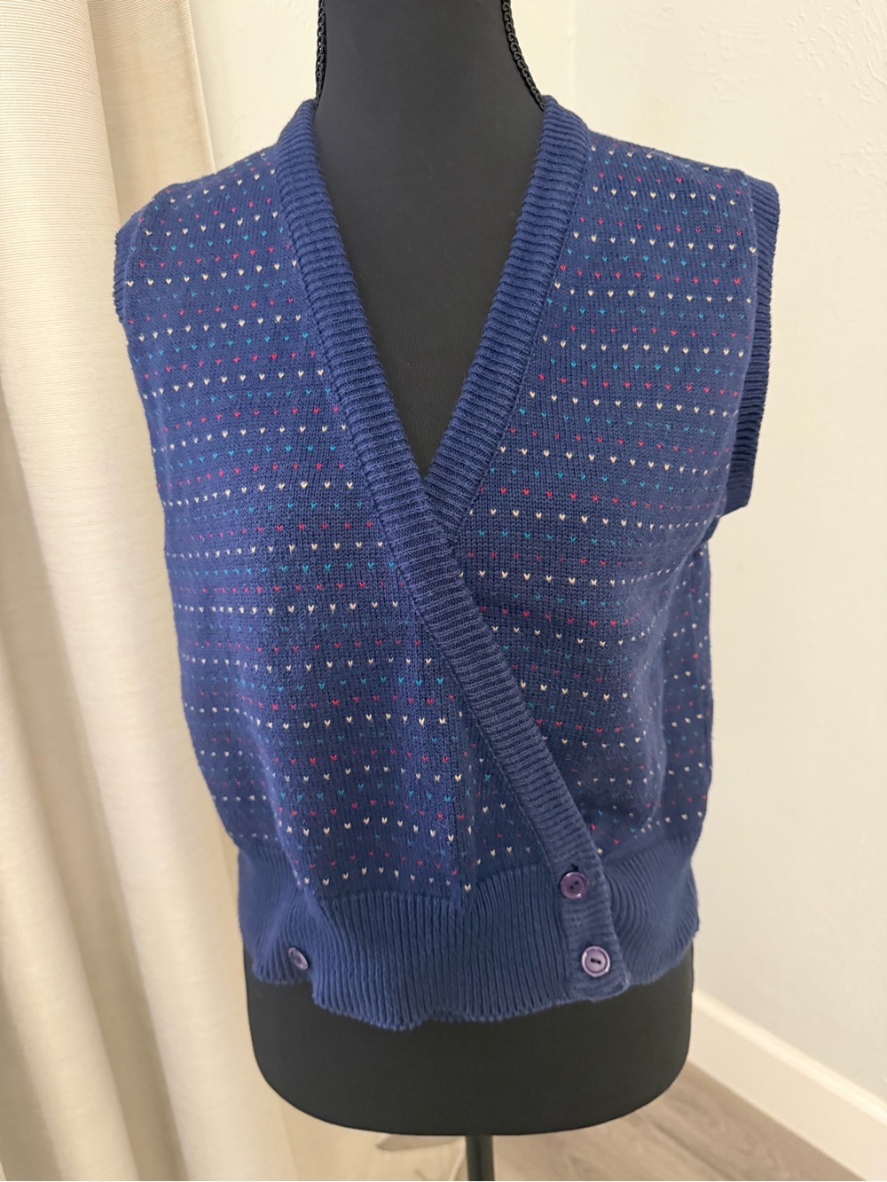 Vintage Navy Blue Heart Knit Sleeveless Cardigan Sweater Vest